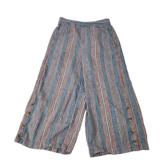 Madewell Pants Small Blue Linen Side-Button Huston Pull-On Crop Rainbow Striped - Picture 2 of 11